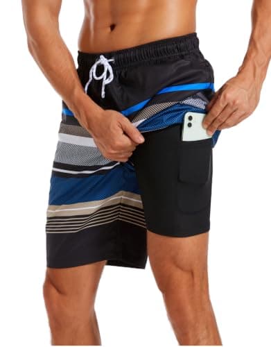 difficort Mens Swim Trunks Bathing Suit,Black & Blue & White Stripe,X-Large