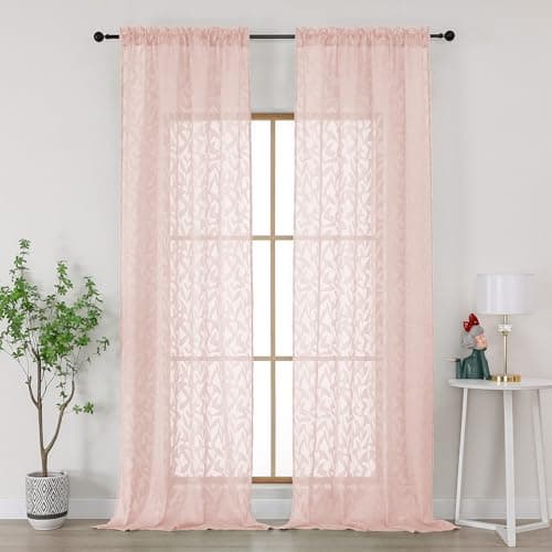 Gwine Sheer Curtains 96 Inches Long 2 Panels Set, Light Filtering Clip Jacquard Textured Curtain for Living Room Bedroom, Soft Airy Rod Pocket Farmhouse Curtains, Blush Pink, 42" Wx96 L Inch, 2PCS