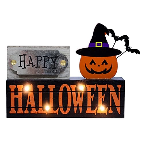 DECSPAS Halloween Decorations Indoor, 2-Layered Wood Block with LEDs & Pumpkin Face, Happy Halloween Sign Decorations for Home, Battery Powered Timer Tabletop Gothic Decor for Party Shelf Table Mantel