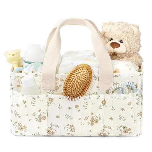 BuyCard Large Quilted Floral Baby Diaper Caddy Organizer, Portable Nursery Storage Basket Gift for Diapers Wipes & Essentials, Changing Table Bedroom Car Travel Baby Shower