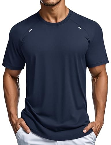 MAGCOMSEN Men's Short Sleeve Moisture Wicking Shirts Mesh Athletic Workout Shirt Running Soft Performance Tshirt Hiking Fishing Navy S