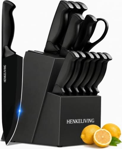 HENKELIVING Knife Set, 14-Piece Black Dishwasher Safe Kitchen Knife Block Set with Built-In Sharpener, German High Carbon Stainless Steel Blades, Ultra Sharp Knives with Ergonomic Non-Slip Handles