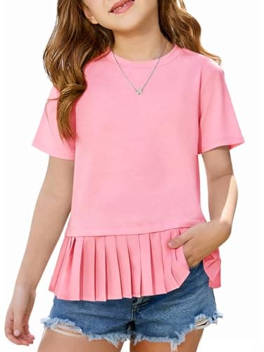 Haloumoning Girls Short Sleeve Shirts Kids Cute Pleated Hem T-Shirts Summer Fashion Tops Tees 5-14 Years Pink