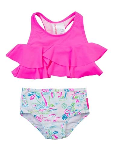 RuffleButts Girls UPF50+ Sun Protection Flounce Bikini Two Piece Swimsuit - Tropical Resort, 6-12m