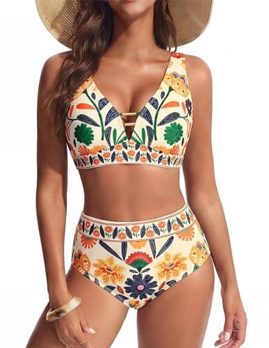 Womens Bathing Suit High Waisted Bikini Sets Tummy Control Swimsuits 2 Piece Floral Full Coverage Cutout Beach Swimwear