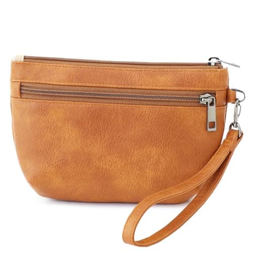 BBORGDC Vegan Leather Wristlet, 3 Zipper Small Clutch Purses For Women, Russet Boho Original Design, Handbag For Walk, Commute, Gift Idea