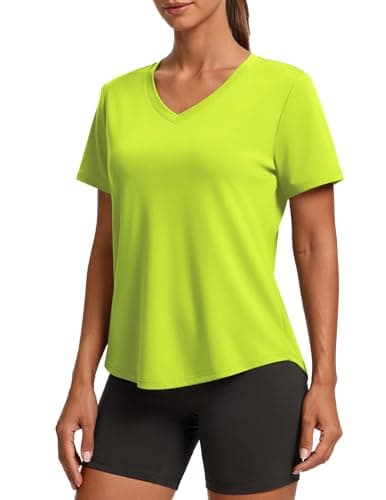 PINSPARK Tennis Shirts for Women Short Sleeve V Neck Moisture Wicking Workout Tops Quick Dry Athletic Gym Golf T-Shirts,Neon Green XX-Large