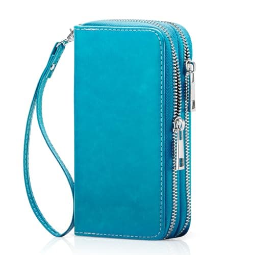 HAWEE Double Zipper Wallet for Woman Clutch Purse with Cell Phone Holder for Smartphone/Card/Coin/Cash, Light Peacock Blue