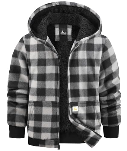 Dekomere Boys Zip Up Hoodies Fleece Plaid Jacket Kids Hooded Sweatshirts Sherpa Lined Coat