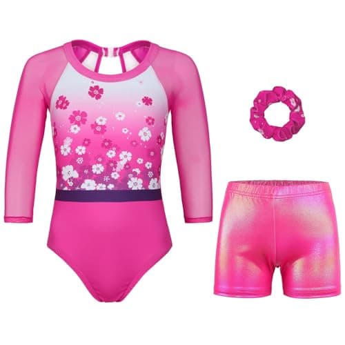 JOYSTREAM Gymnastics Leotards for Girls With Shorts Sparkly Ballet Dance Long Mesh Sleeve Romantic Flower,12-13Years