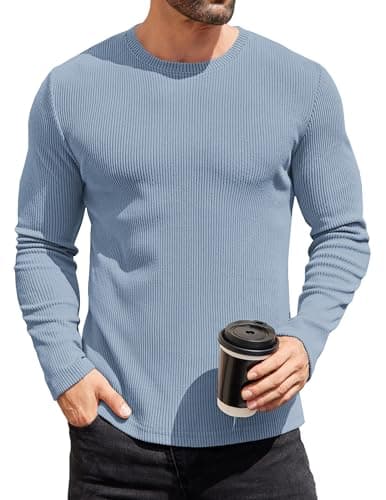 COOFANDY Mens Long Sleeve Shirts Thermal T-Shirt Slim Fit Crewneck Sweater Knitted Pullover Shirt Light Blue