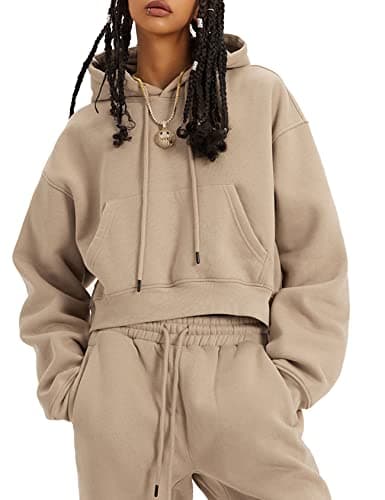 Flygo Womens Fleece 2 Piece Outfits Sweatsuit Crop Pullover Sweatshirt Joggers Pants Tracksuit Set(Khaki-L)
