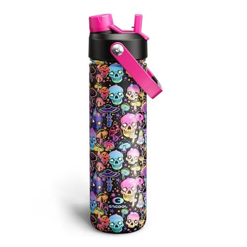 ENCOOL Insulated Water Bottle with Straw Stainless Steel Water Bottle, Leak-Proof, BPA-Free, Double Wall Vacuum Keeps Cold for 24 Hours for Sports, Travel, School (26 oz, Trippy Skulls)