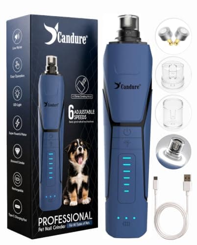 Candure Whisper Quiet Dog Nail Grinder with 360 Degree LED Light, 6-Speed Rechargeable Pet Nail Trimmers with Extra Grinding Head for Safe, Stress-Free Grooming for All Pet Sizes (Dark Blue)