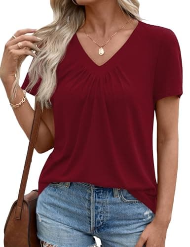 LOMON Women's Summer Tops Short Sleeve V Neck Dressy Casual Blouses Pleated Curved Work T Shirts Wine Red S