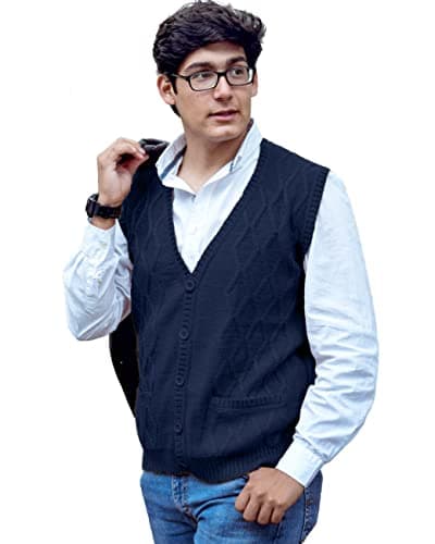 TINKUY PERU Sweater For Men, V Neck Argyle Sweater Vest, Soft Authentic Peruvian Alpaca Wool Knitted Jacquard Pullover Sleeveless Sweater with Buttons for Men, Size S-4XL, (Coastal Blue, Large)