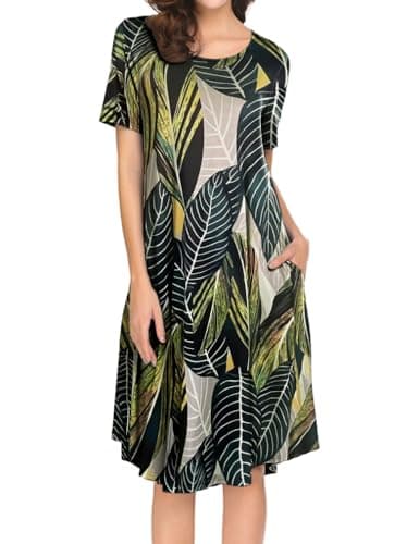 Locryz Women's Summer Midi Dress Casual Loose Beach T Shirt Dress Pockets Crew Neck Short Sleeve Dress Tropical Green L