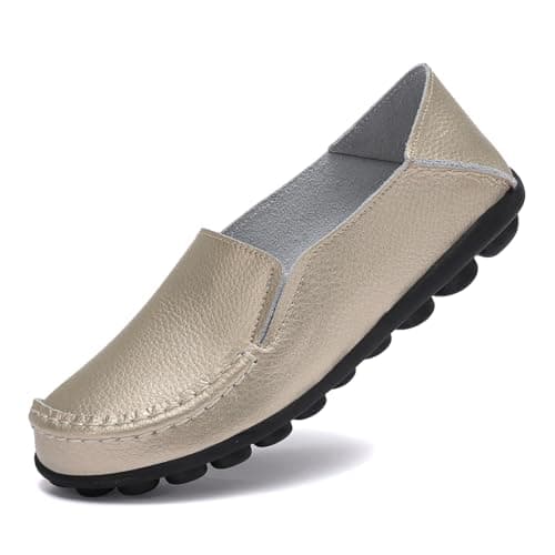 ANYUETE Women’s Leather Slip On Loafers, Comfortable Walking Flats, Casual Driving Shoes for Work, Office and Daily Wear, Cutout Gold, Size 8