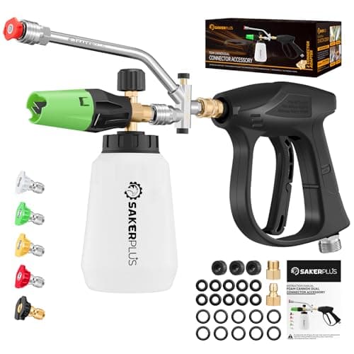 SakerPlus Foam Cannon Dual Connector Accessory,Pressure Washer Gun with Foam Cannon,1/4 Inch Quick Connector with 5 Power Washer Sprayer Nozzles,for Car Washing and Cleaning