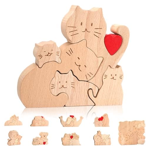 Wooden Cat Family Puzzles for Kids, Personalized Wood Name Puzzles Sculpture for Home Art Craft Desktop Ornament Decor, House Warming Birthday Baby Shower Party Gifts for Mother's Day New Baby