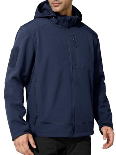 FREE SOLDIER Men's Lightweight Softshell Jacket Winter Fleece Lined Hooded Rain Waterproof Hiking Outdoor Jackets (Navy,M)
