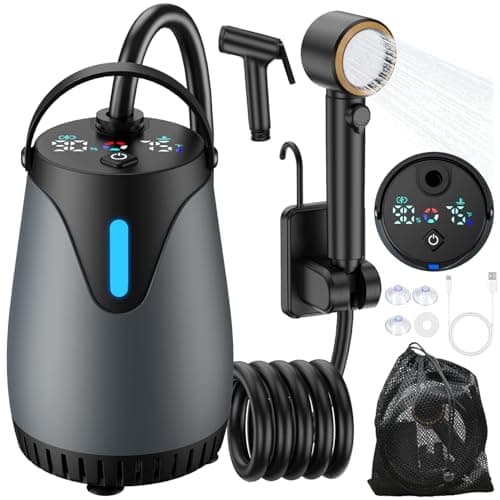Portable Shower for Camping, 8000mAh Rechargeable Camp Shower Pump, LED Display Temp & Power, 5 Pressure Settings, 4 Spray Modes (+Spray Gun), IPX8 Waterproof, Ideal for Outdoor, Beach, Pet, Car Wash