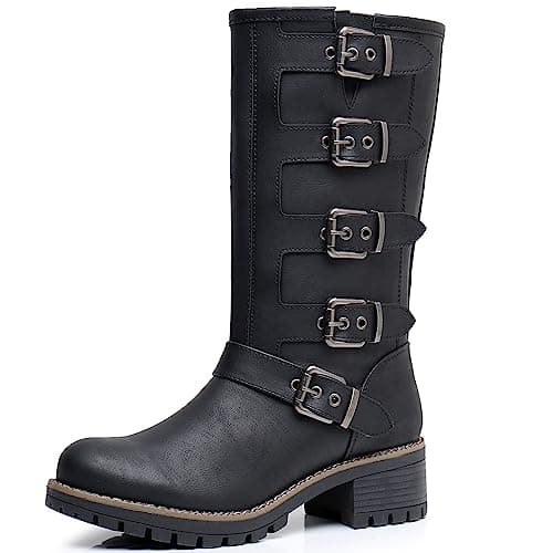 GLOBALWIN Women's Black Boots Chunky Low Heel Mid Calf Fshion Dressy Motorcycle Boots For Women 9M