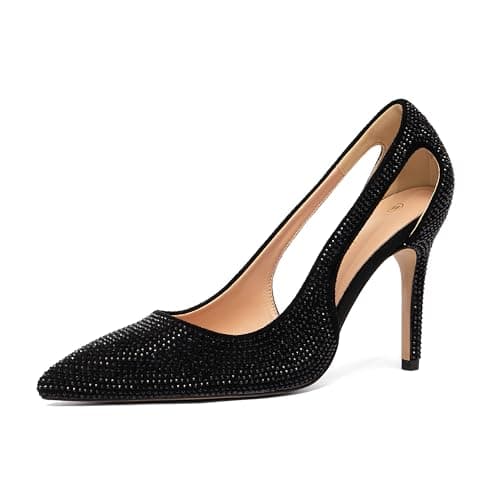 NEWBELLA Women's Glitter Stiletto Heels - Pointed Toe High Heels with Hollowed-Out Sides, Sparkly Dress Pumps for Parties, Evening, Black 6.5
