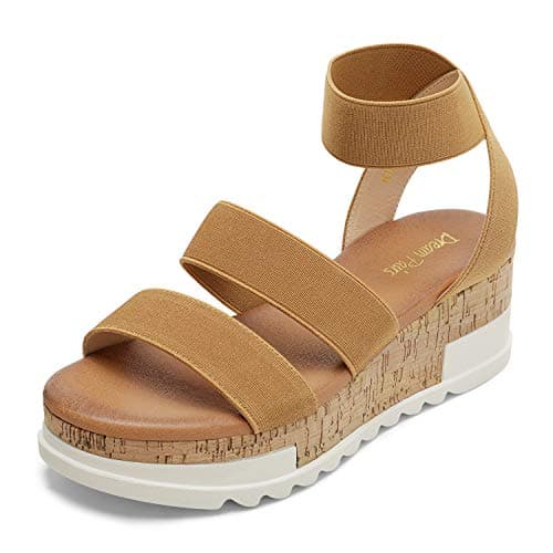 DREAM PAIRS Women's Open Toe Elastic Ankle Strap Casual Flatform Platform Wedges Sandals,Size 5.5,Camel,REED-1