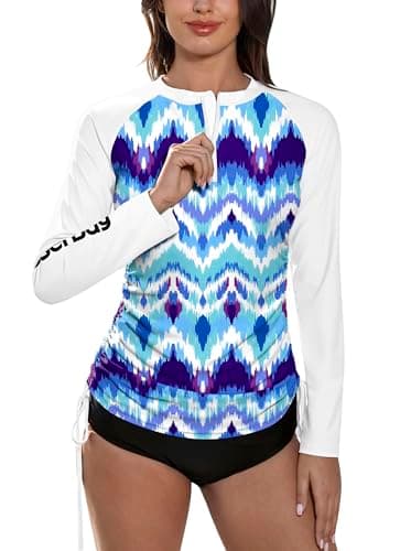 BesserBay Women‘s Long Sleeve Rash Guard UV Sun Protection Swim Shirt Ruched Drawstring Swimsuit Top Blue | Boho S