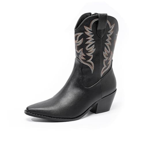 Amoji Women Western Cowboy Boots Cowgirl Mid Calf Boots Pointed Square Toe Pull On FZD307 Black Size 9