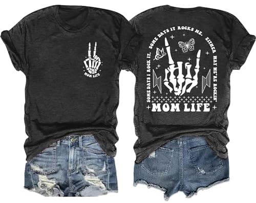 Ithalt Womens Mama Shirt Mom Life Shirts Skeleton Mother Printed T-Shirt Rock and Roll Short Sleeve Tops(Grey, Small)