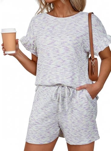 Dokotoo Womens Casual 2 Piece Sets for Women Summer Shorts Outfits Loose Fit Short Sleeve Tee and Elastic Waist Bottoms Trendy Loungewear White Purple X-Large