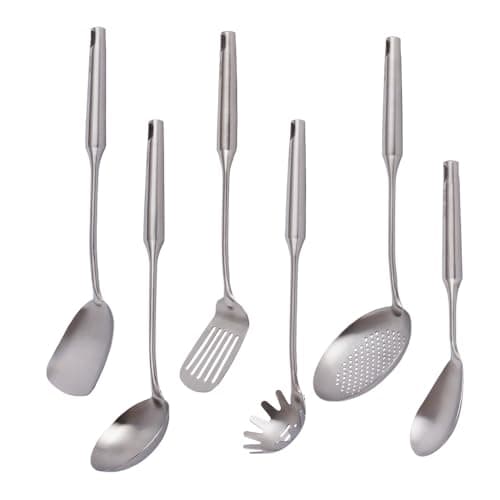 304 Stainless Steel Kitchen Utensils Set, VALESKA 6 PCS Metal Cooking Utensils Set, metal spoon,Wok Spatula, Ladle, Skimmer Slotted Spoon,Serving Large Spoon, Slotted Spatula Tunner