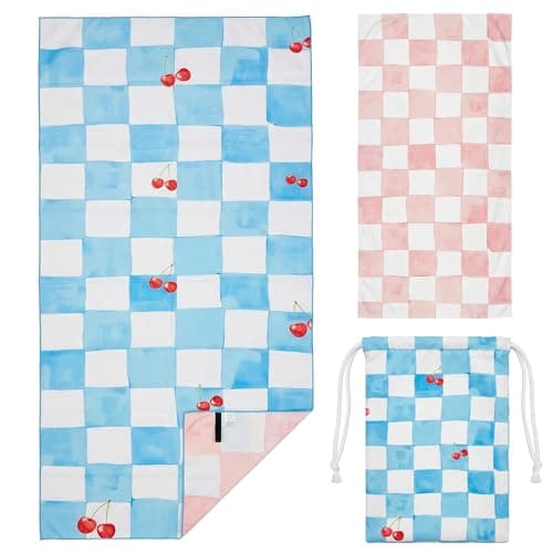 BEAQLIO Microfiber Beach Towel Oversized w/Travel Bag, 71 * 36'' Cruise Quick Dry XL Beach Towels for Cruise Pool Yoga Gym Gift, Lightweight Absorbent Sandproof Large Beach Essentials, Plaid Cherry