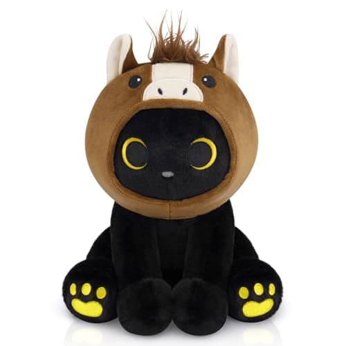 Horse Plush Toys - 8” Black Cat Stuffed Aniaml with Removable Horse Hood