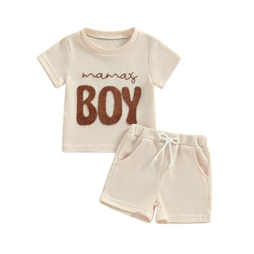 Baby Boy Summer Outfit Set Letter Embroidery Short Sleeve T Shirt Solid Shorts Waffle Knit Clothes 6 12 18 24 Months (Mamas Boy Beige, 0-6 Months)