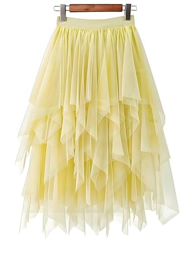 LBKKC Women's Yellow Tulle Skirt, Formal High Low Asymmetrical Midi Length Elastic Waist Tutu Layered Puffy Fairy Skirts