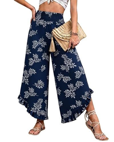 IEEILULU Palazzo Pants for Women Flowy Floral Wide Leg Pants High Waisted Casual Beach Pants Vacation Outfits Navy Blue Flower M