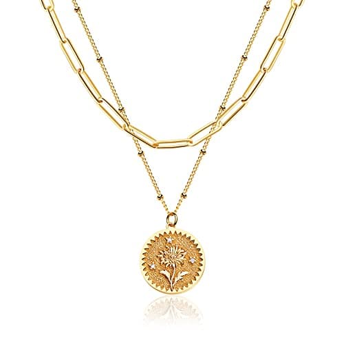Valloey Rover Birth Flower Necklace for Women 14K Gold Plated Layered Dainty Carved Floral Pendant Necklace Personalized Engrave Month Necklace for Birthday Jewelry (November- Mums)
