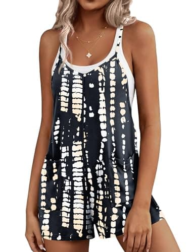 Ekouaer Rompers for Women Summer Casual Sleeveless Short Overalls Boho Spaghetti Strap Shorts Jumpsuit with Pockets Black White Tie-dye M