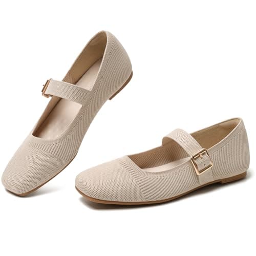 GOUPSKY Nude Knit Flats for Women Square Toe Slip On Casual Ballet Flats with Adjustable Strap Soft Foldable Mary Jane Shoes for Dressy Office Work Daily