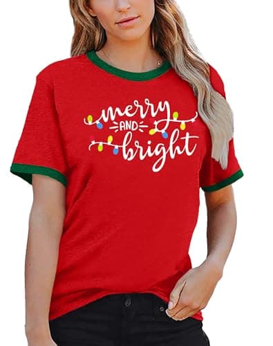 MAIHUN Christmas Shirts Womens Merry and Bright Shirt Xmas Holiday Tshirt Christmas Lights Tee Tops Red-green