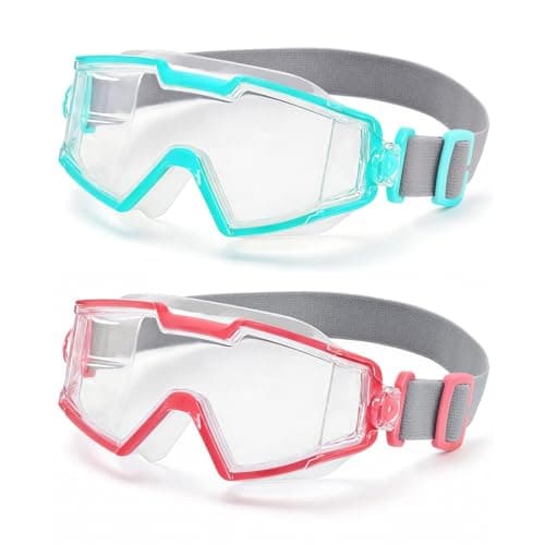 Pixel Panda 2 Pack Swim goggles for Kids 6-14, Wide View Kids Swim Goggles with Fabric Strap for Boys Girls, No leak Anti-Fog Anti-UV, Green & Pink