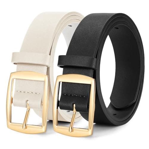 WERFORU 2 Pack Women Leather Belts for Jeans Pants Fashion Leather Belts for Women Waistband with Gold Pin Buckle,Black+beige-gold buckle,XL:Fit Waist Size 42"-46"