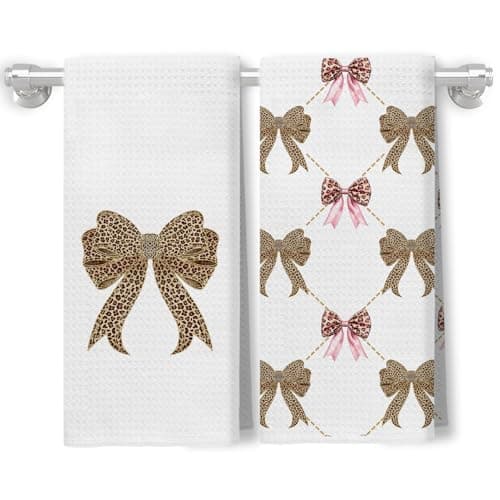 XUNLURY Coquette Leopard Print Modern Bow Kitchen Bathroom Towels 16x24 Inch Set of 2,Trendy Cheetah Print Dish Hand Tea Towels,Coquette Girly Bathroom Decor