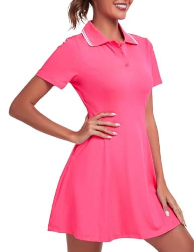FKEEP Women's Golf Dress Tennis Dresses Workout Athletic Dress with Shorts/Short Sleeve/Pocket (Neon Pink, M)