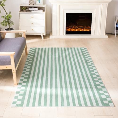 Carvapet 3x5 Small Rugs for Entryway Living Room Bedroom Dorm, Green Washable Low Pile Striped Carpet with Rubber Backing, Foldable, Non Slip Thin Area Rug, Ultra Soft