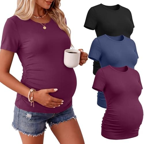 Ficerd 3 Pack Women's Maternity T-Shirts, Short Sleeve Maternity Tops Comfy Crew Neck Side Ruched Pregnancy Clothes(Black, Navy Blue, Fuchsia,Large)