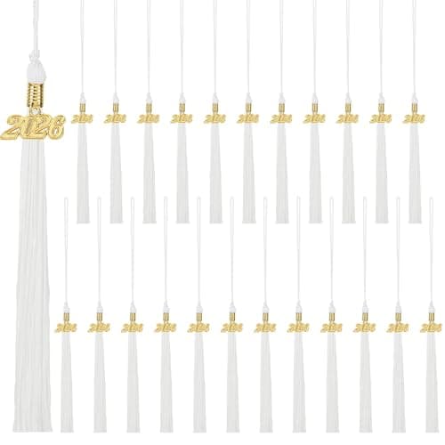 Fingertip WD 24 Pieces 2026 Graduation Tassel, Graduation Cap Tassels Decoration with 2026 Year Gold Date Charms, Grad Gifts for 2026 Year Grad Ceremonies Souvenir, White